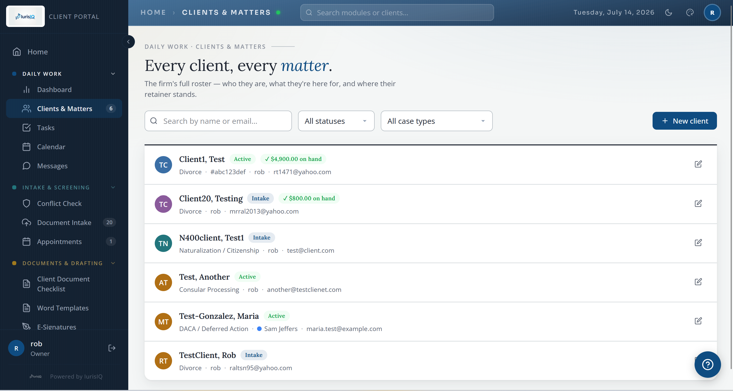 IurisIQ clients and matters screen