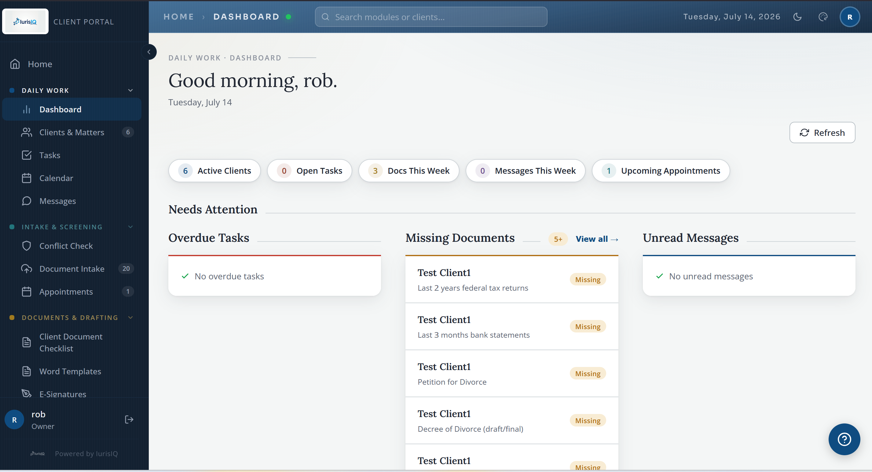 IurisIQ dashboard screen