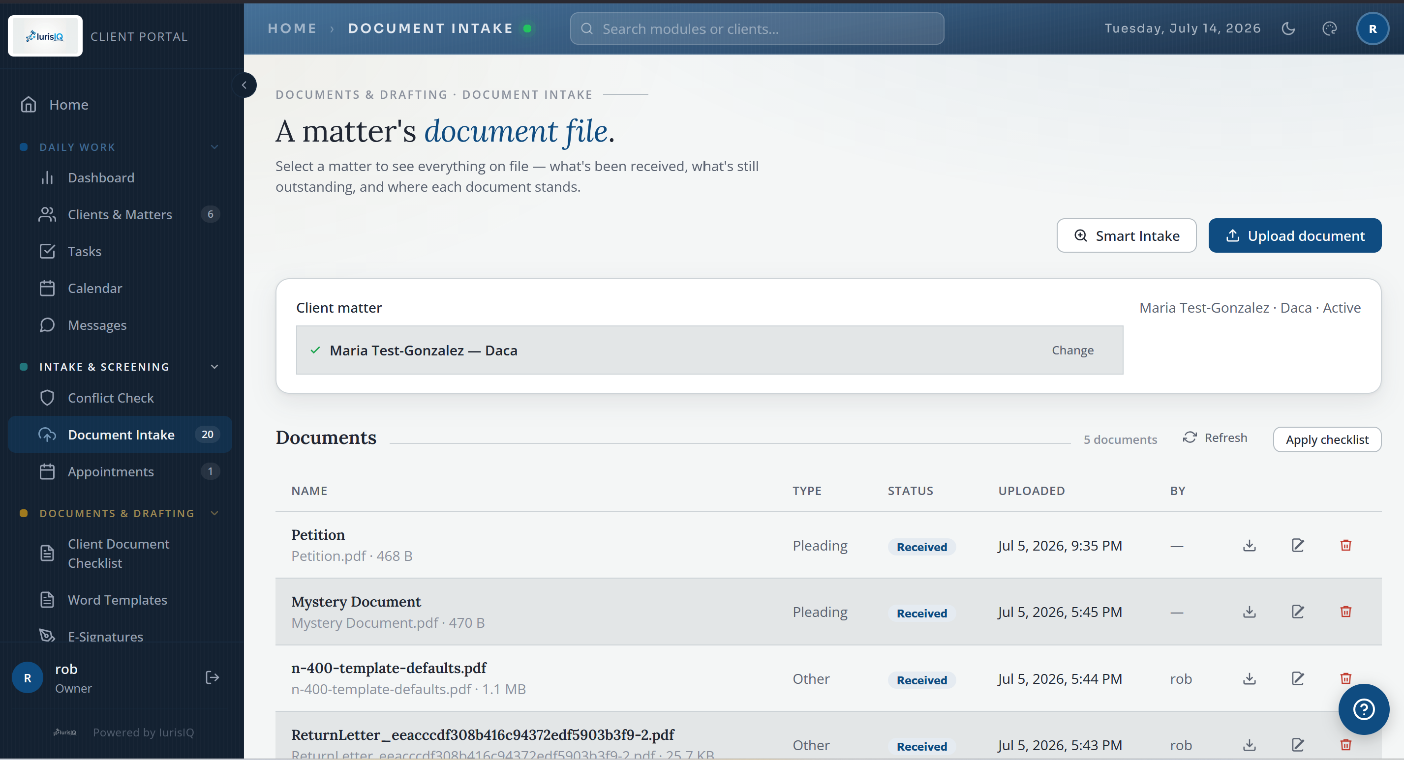 IurisIQ document intake screen