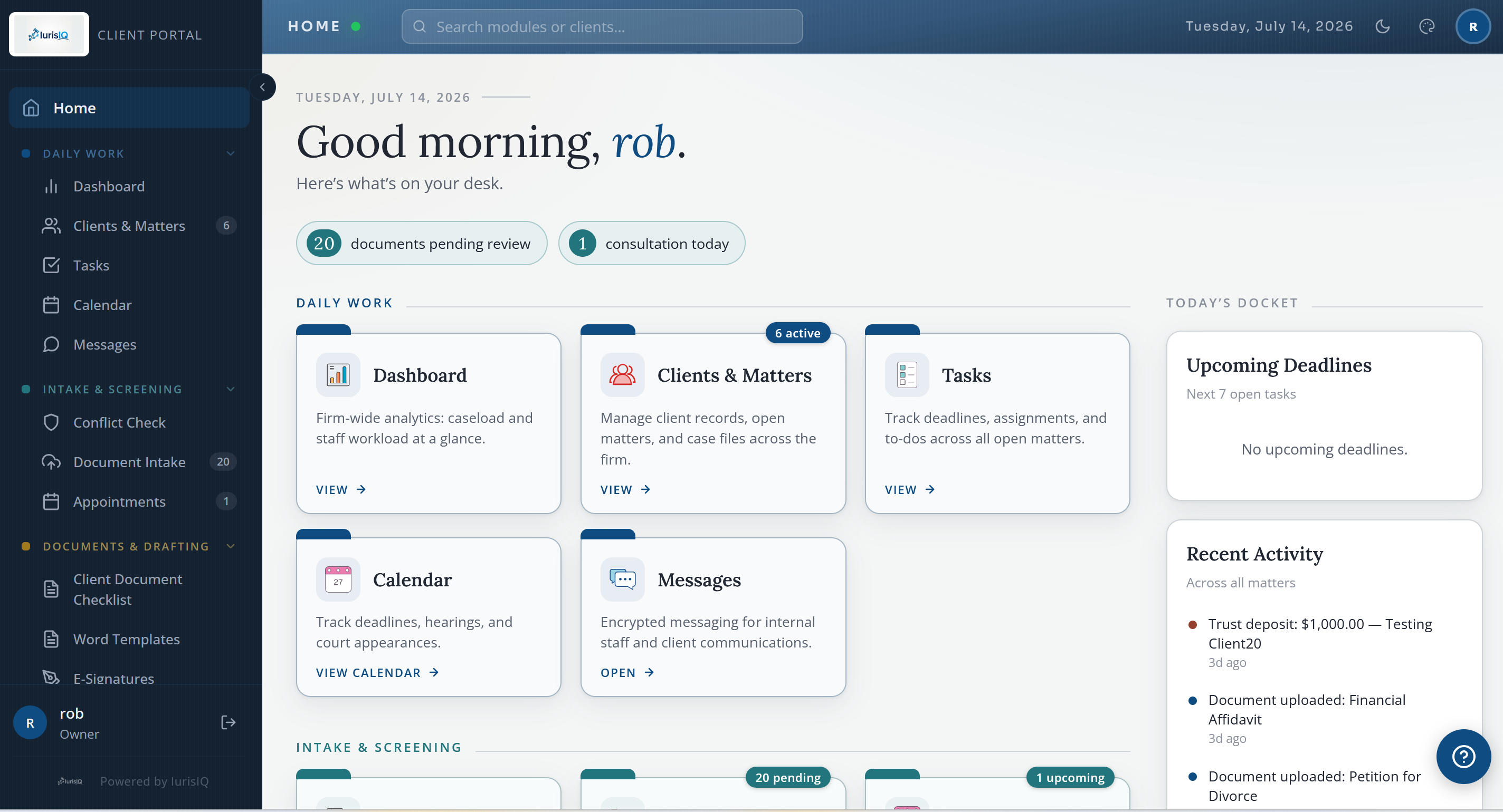 The IurisIQ portal home — Today's Docket, module tiles, and recent activity in one secure workspace