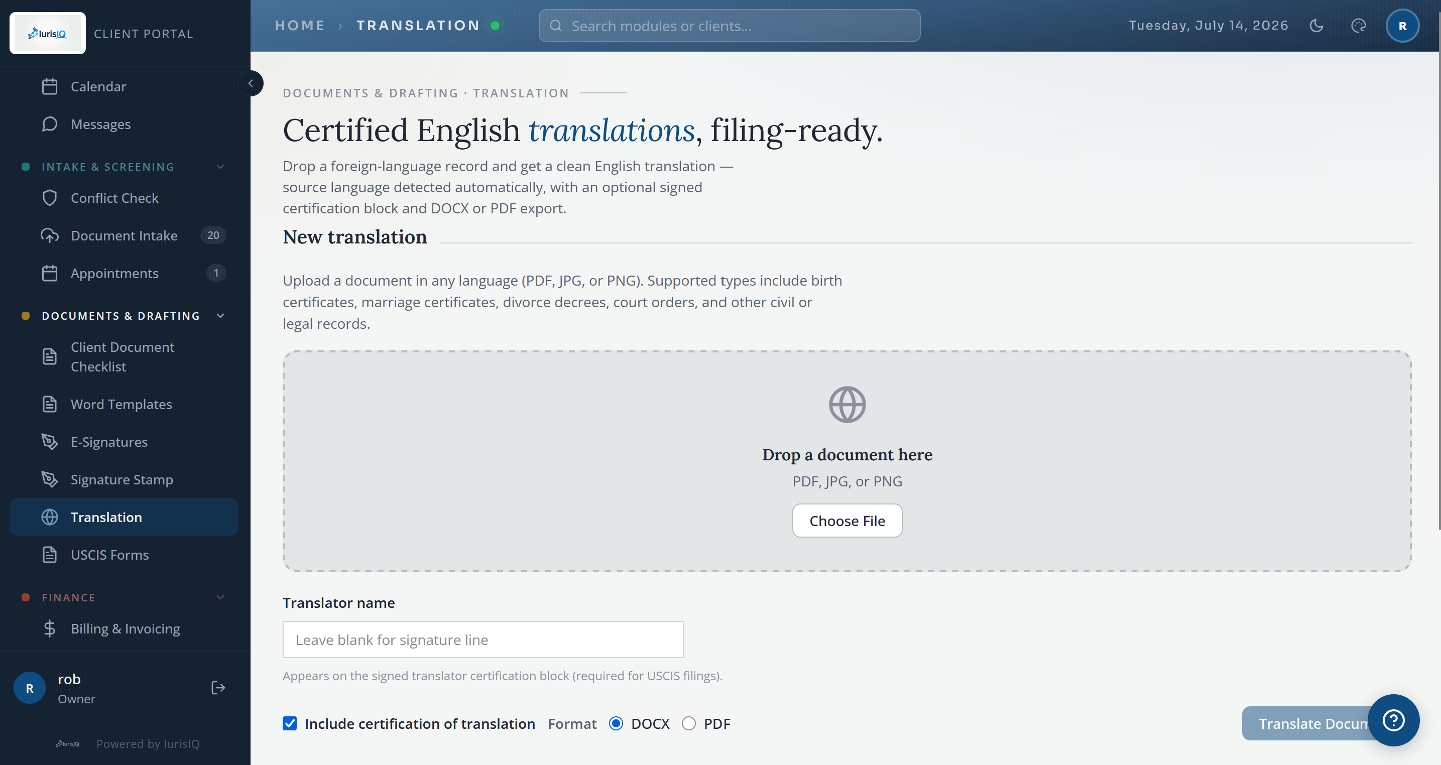 IurisIQ in-portal translation screen