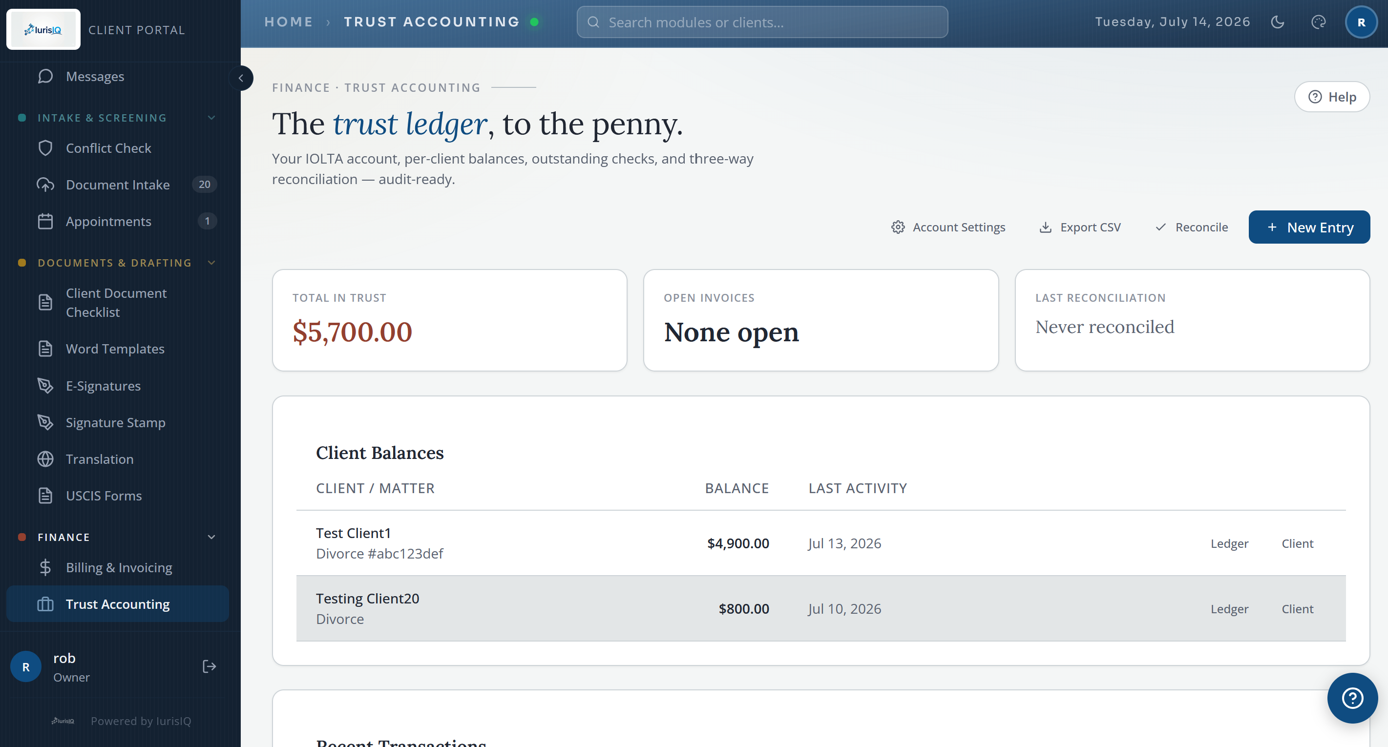 IurisIQ trust accounting screen